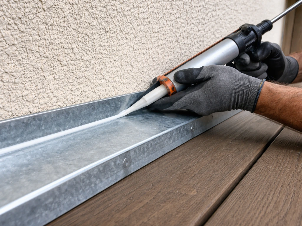 Gloved hands apply polyurethane sealant along ledger flashing where the patio cover meets a house wall.