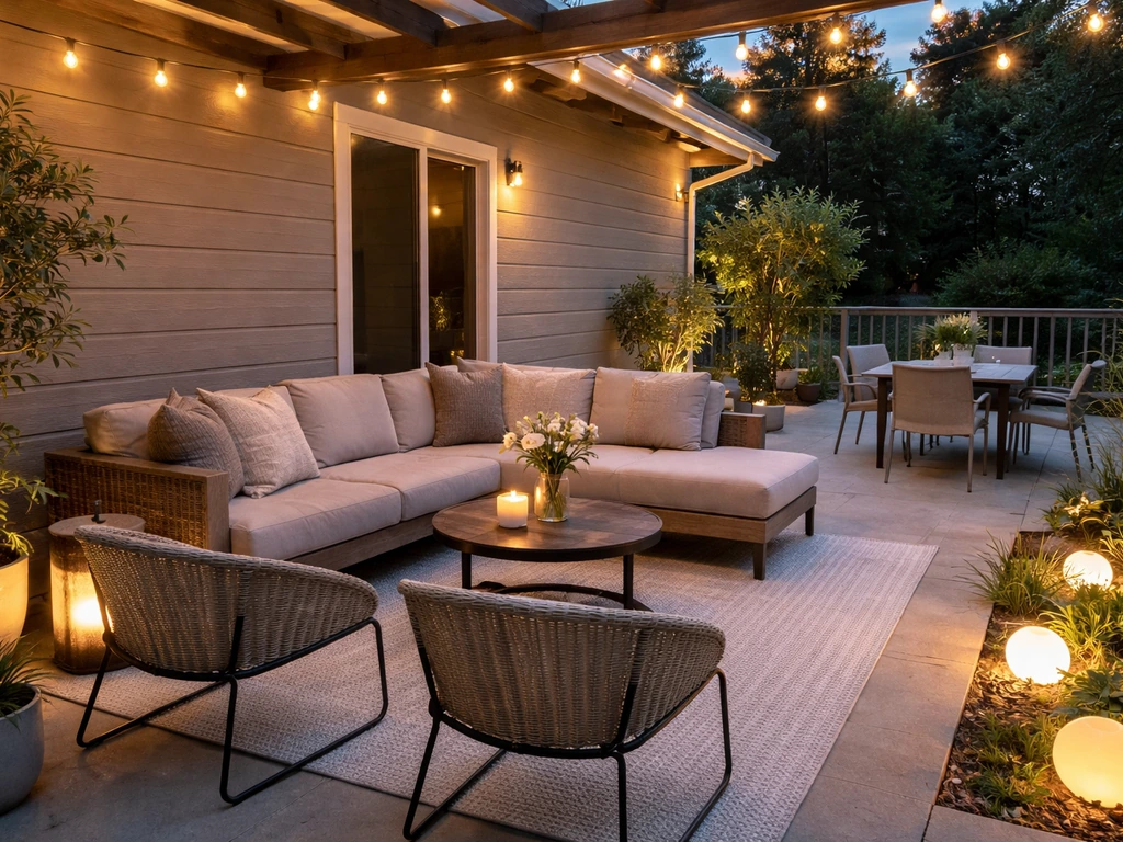Inviting evening view of a staged outdoor patio with layered lighting and tasteful decor