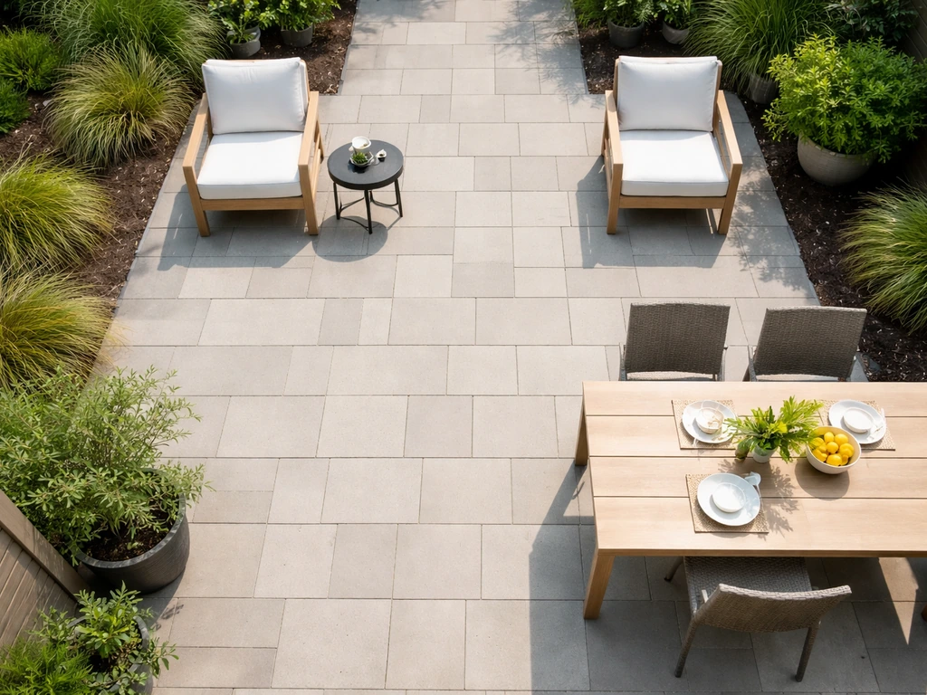 Overhead photo of an outdoor patio layout with a clear walking path and furniture spacing plan