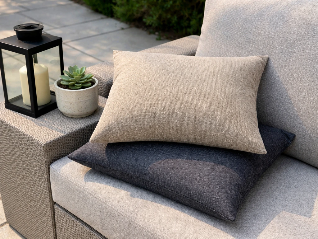 Close-up of matching outdoor cushions, metal lantern, and ceramic decor on a stone patio.