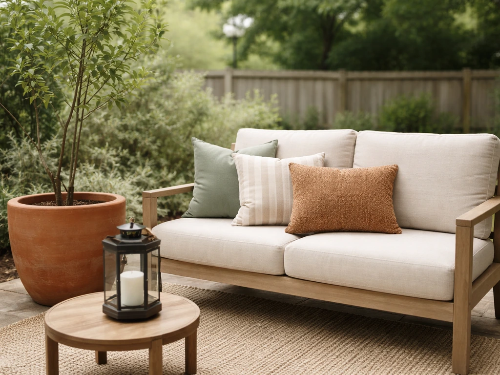 Staged patio with a large planter and tall greenery, coordinated cushions, and a lantern in natural light.