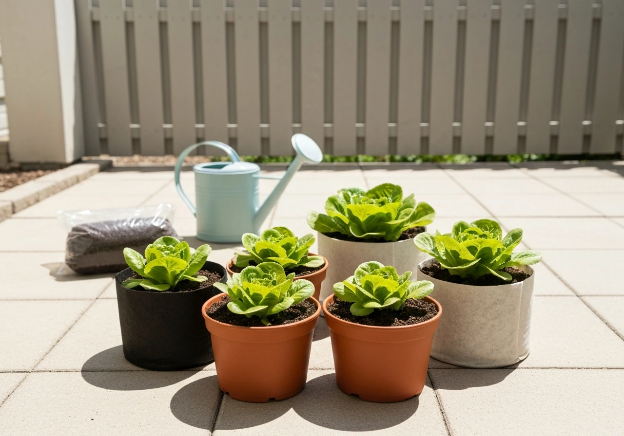 Fresh lettuce growing in multiple patio containers with leafy plants and healthy soil