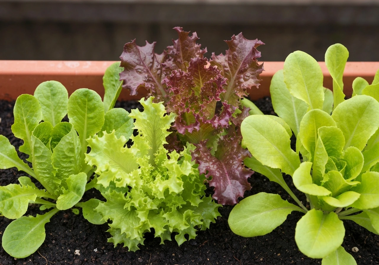 Close-up of several lettuce varieties in a small patio container bed, showing different leaf shapes