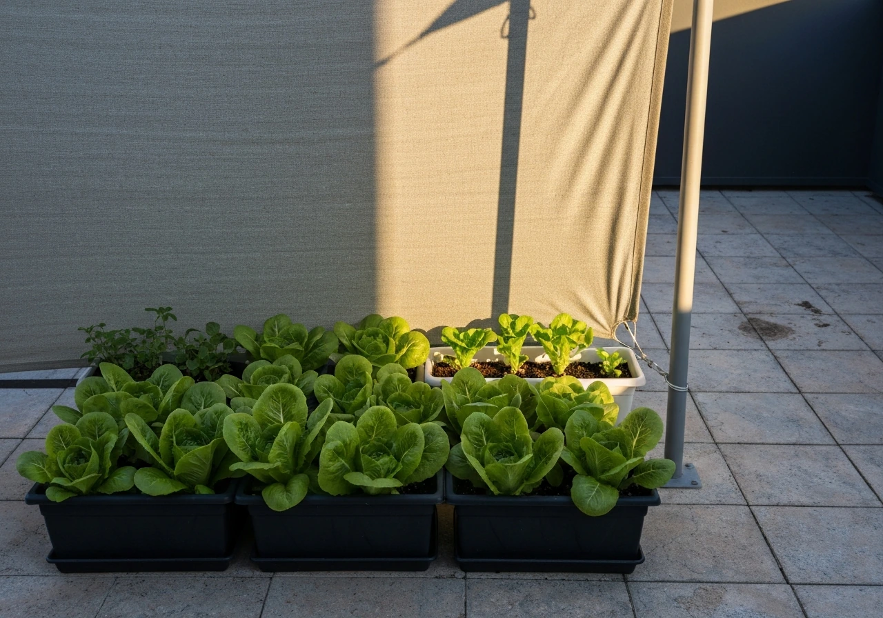 Lettuce containers under a shade sail edge, catching morning light while sheltered from harsh afternoon sun