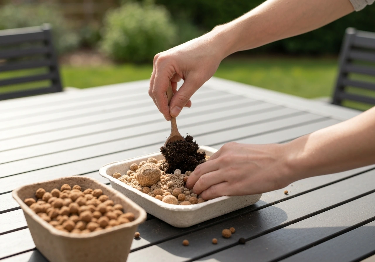 Hands mixing peat- or coco-coir potting mix for lettuce in a container, compost amendment visible