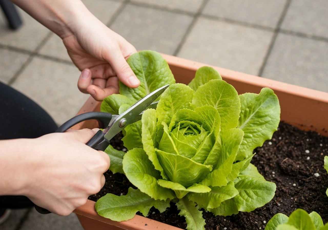 Hands snipping outer patio lettuce leaves just above the crown with sharp scissors