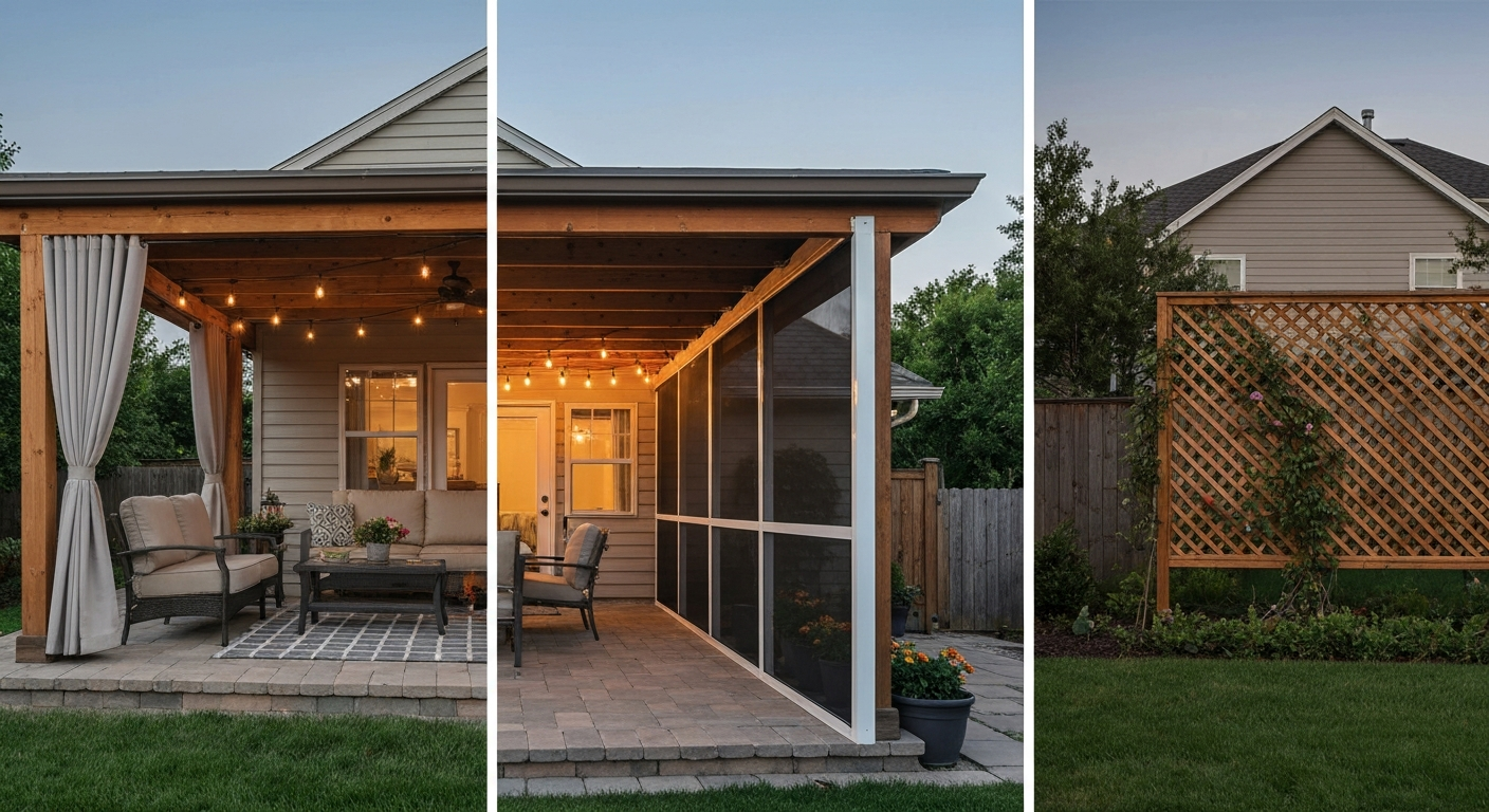 Cozy covered backyard patio with curtains, framed screen panel, and lattice side coverings, under a pergola.