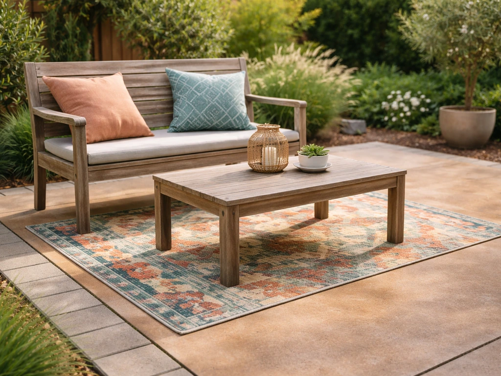 Bright, finished outdoor patio with stained concrete and pavers, warm wood furniture, and colorful cushions