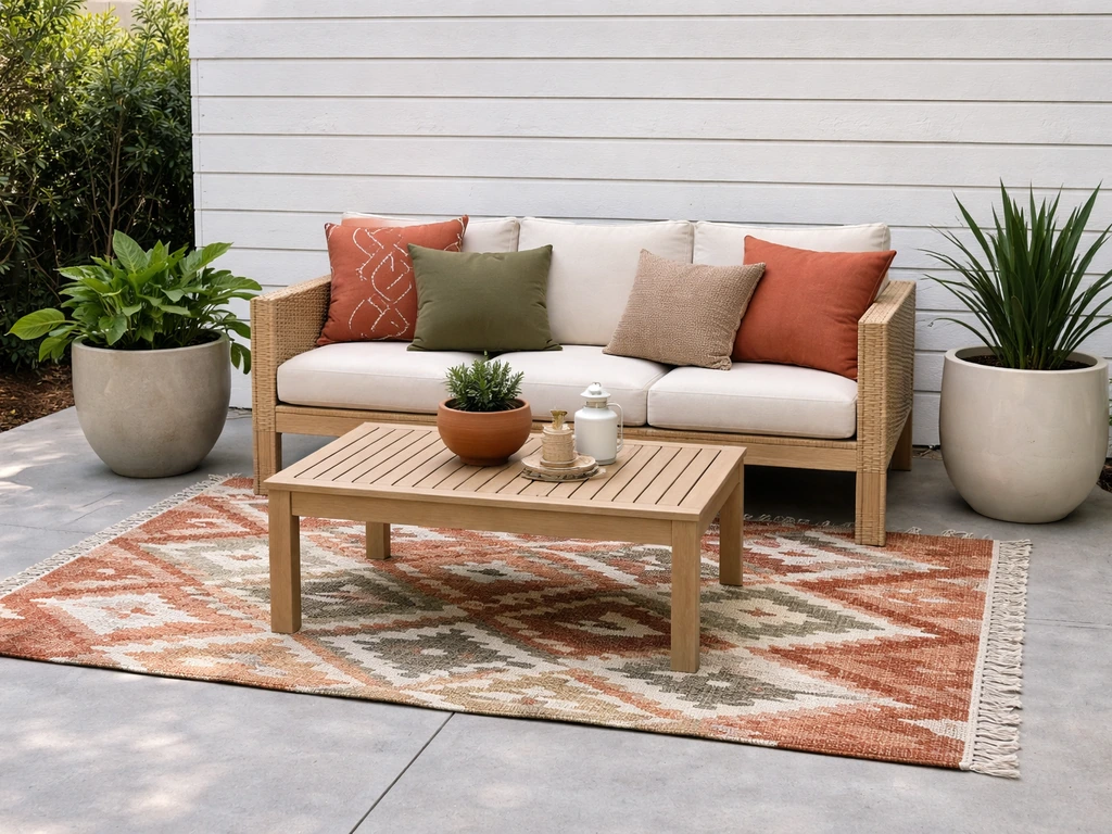 Minimal outdoor patio with light concrete and coordinated cushions, rug, and planters in warm earthy tones.