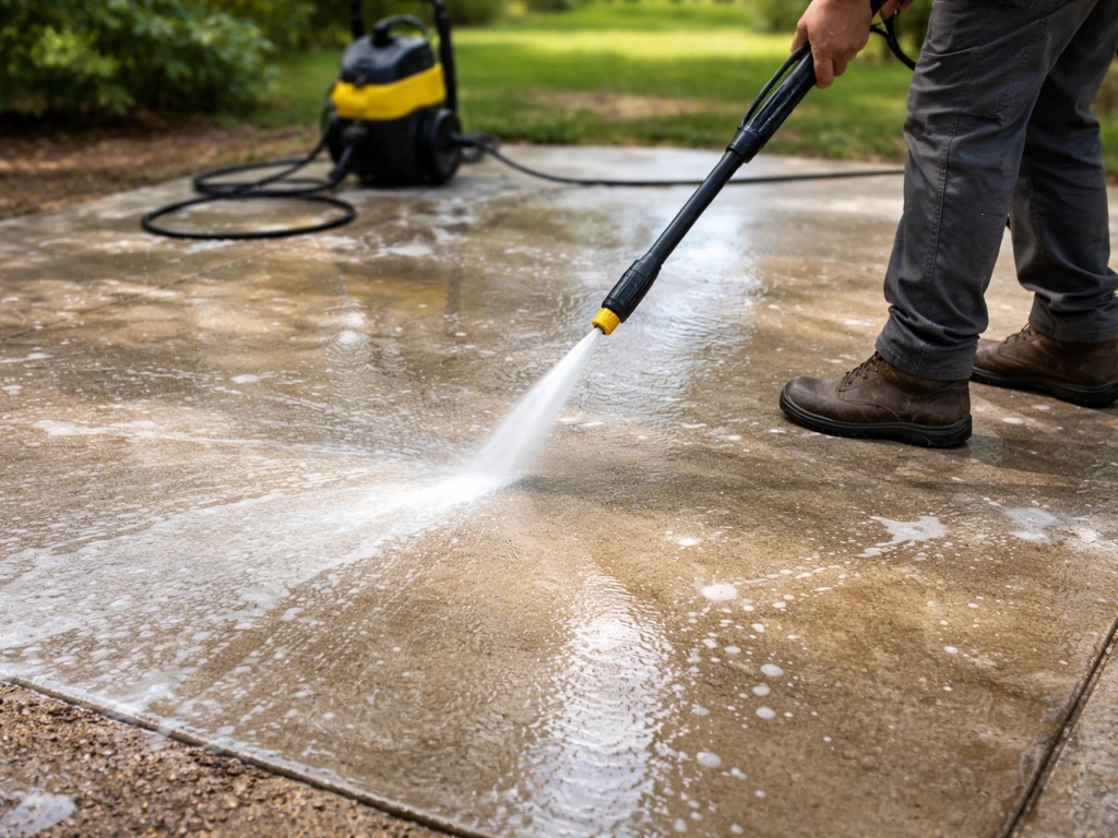 Close view of bare concrete patio being pressure washed with wet solution for better paint adhesion.