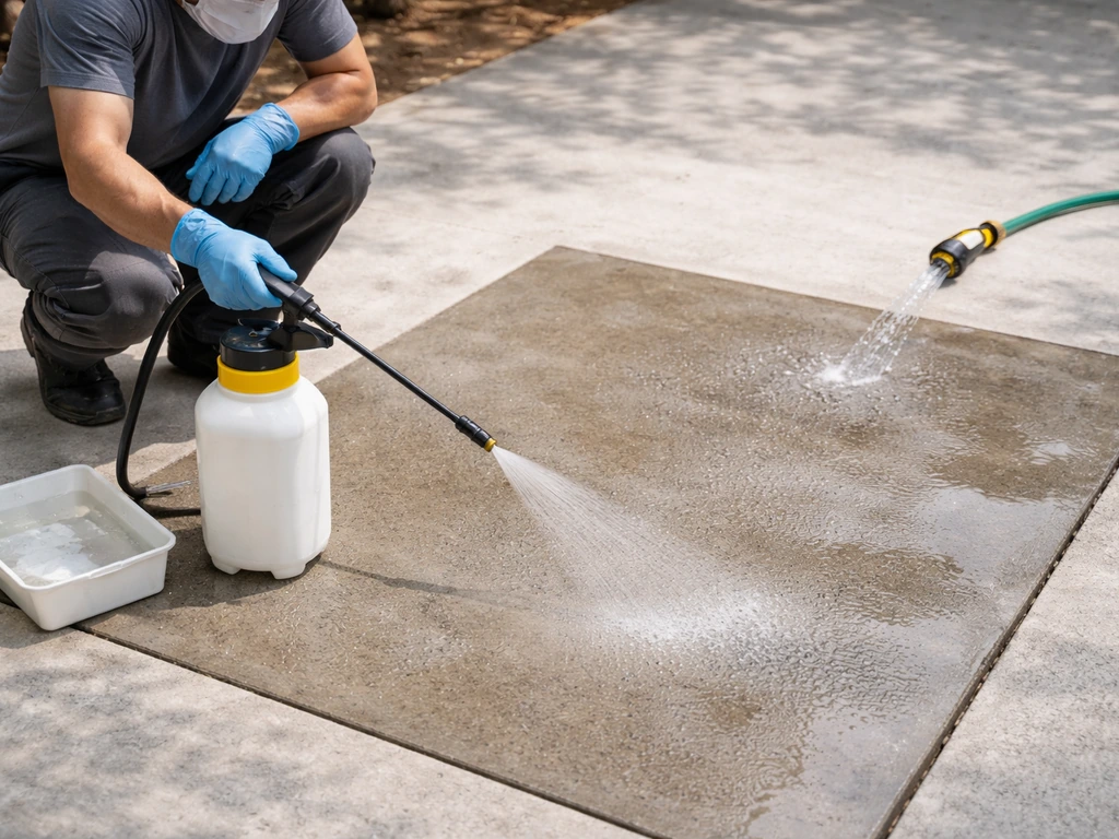 Gloved hands apply concrete etch to a bare slab with a sprayer, then rinse with a hose.