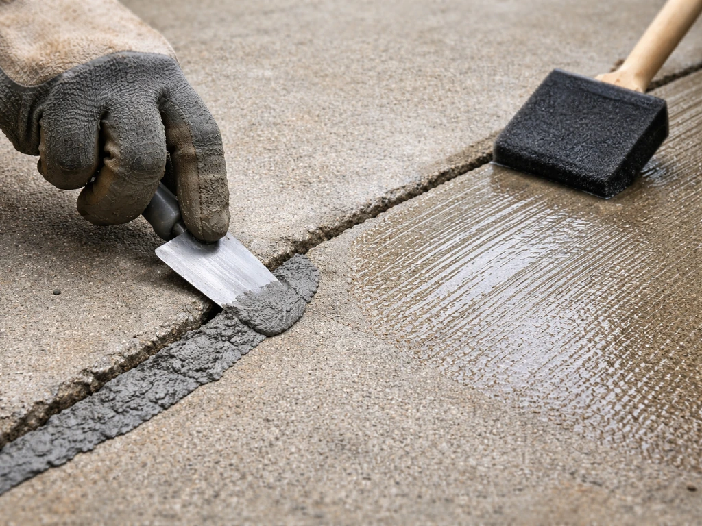Close-up of cracked concrete being filled with patch compound and smoothed with a trowel, then sealer applied