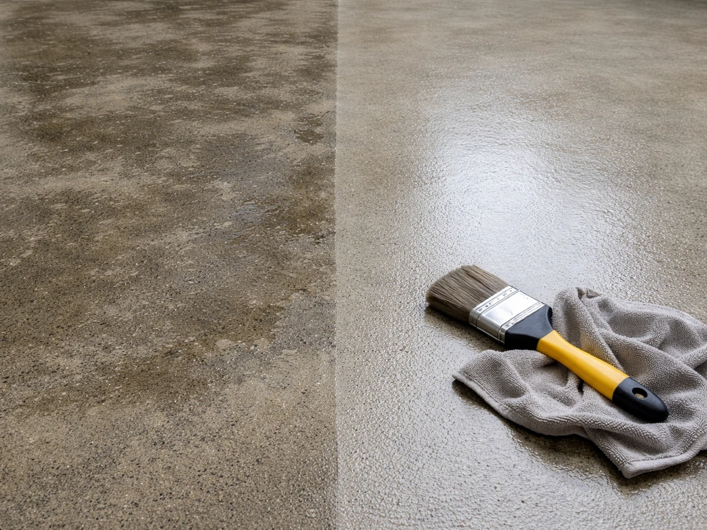 Concrete floor with blotchy hazy over-applied area beside a smooth, evenly finished section and a wiping tool