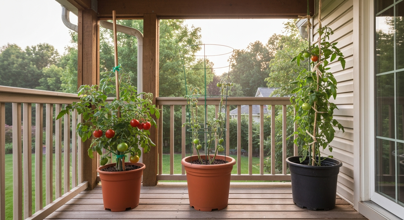 Screened patio with three potted tomato plants using a wooden stake, a heavy wire cage, and a vertical cord support.