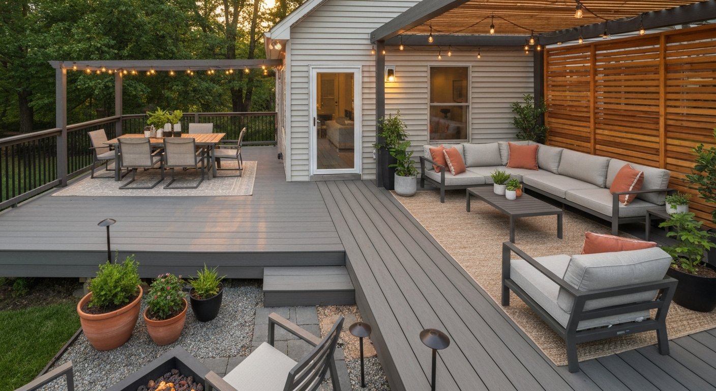 Inviting decorated patio deck at golden hour showing distinct dining and lounge zones, pergola, string lights, and fire-pit seating on composite decking.