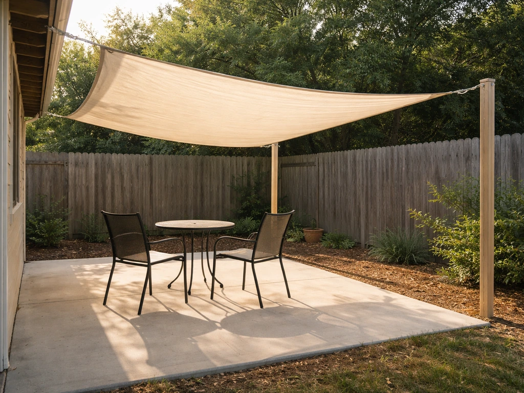 Wide backyard patio with a DIY shade sail casting dappled light across outdoor furniture