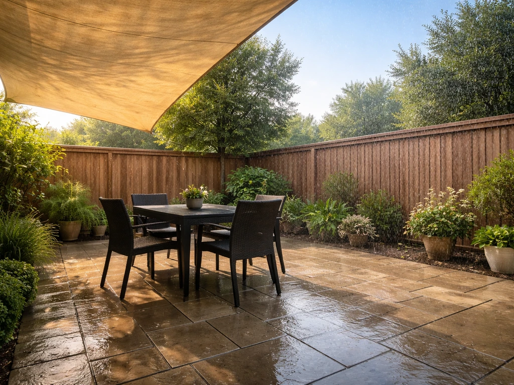 Minimal patio scene showing sun shade fabric overhang beside open sky for rain comparison