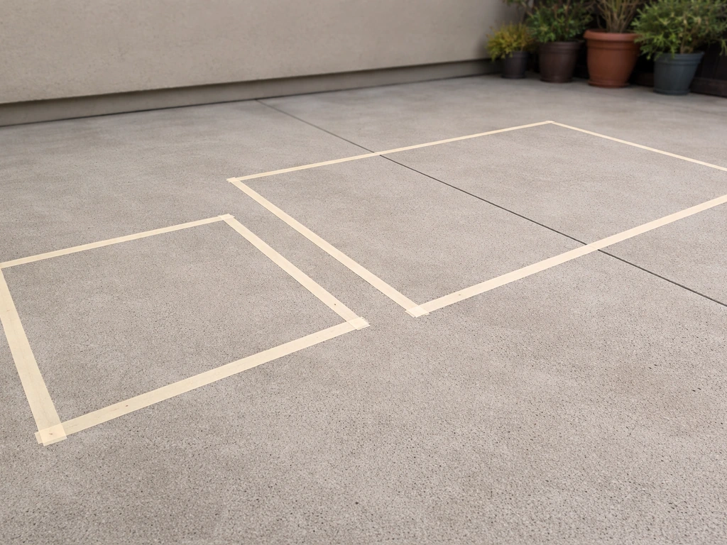 Minimal patio scene with masking tape grid showing two different patio sizes for material coverage.