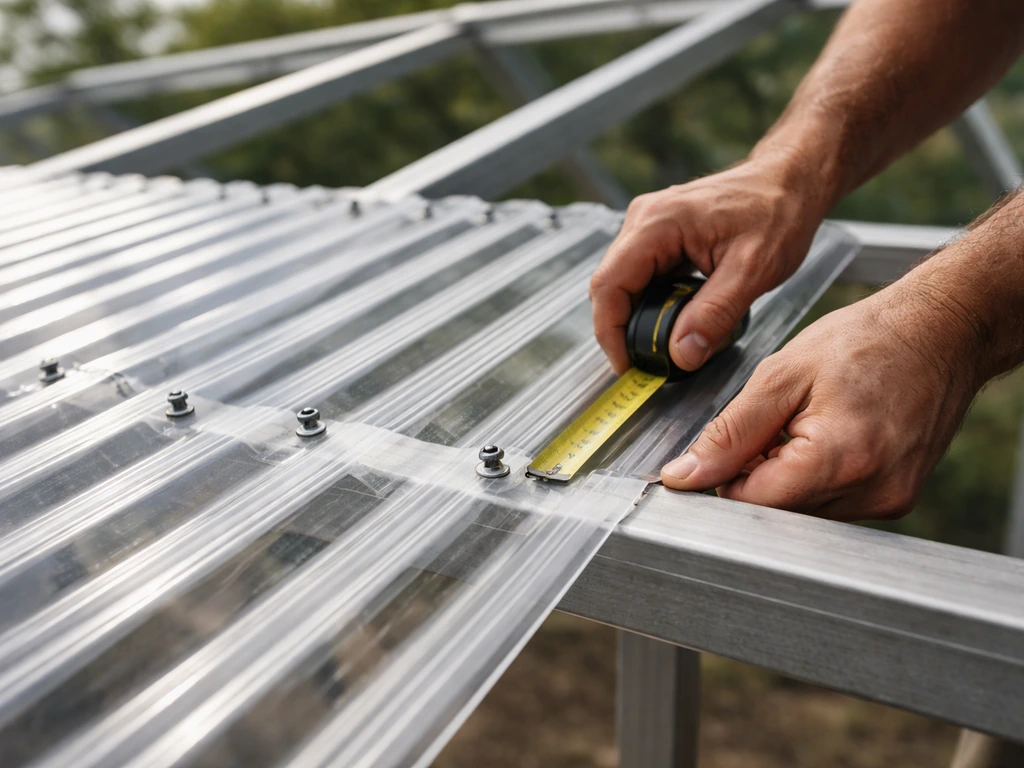 Corrugated polycarbonate panels being installed on a simple roof frame