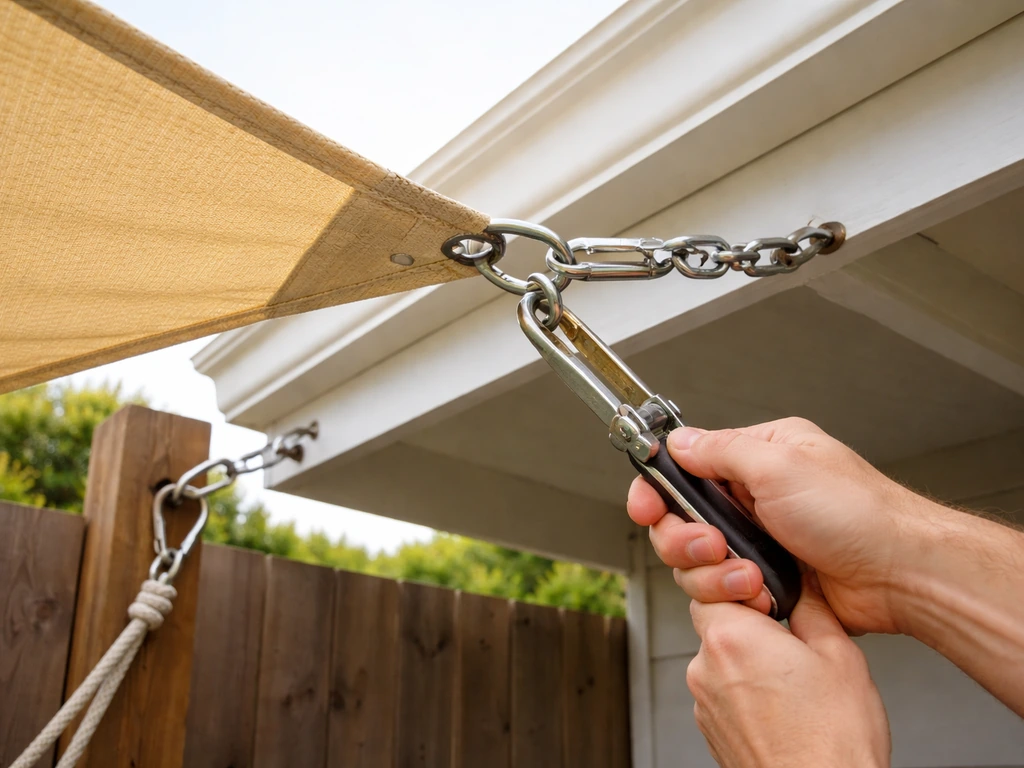 Hand tightening shade sail at an anchored post with tension hardware on a patio