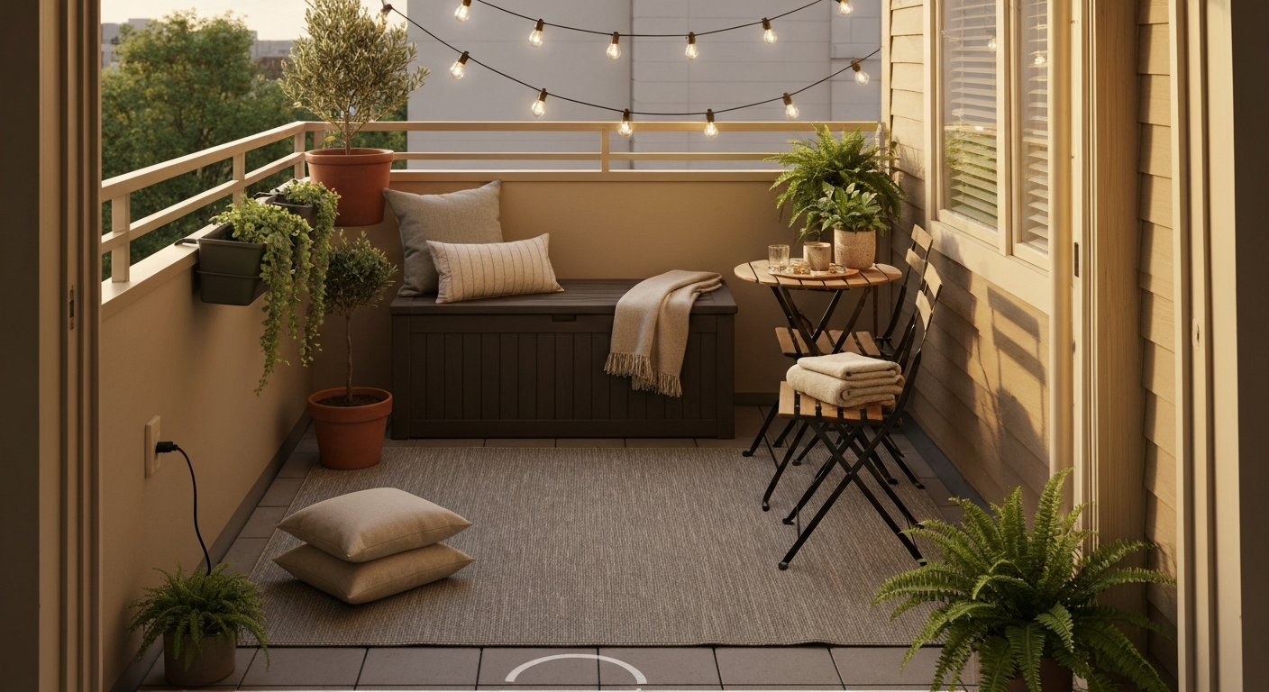 Cozy small patio with rug, storage bench, bistro table, string lights and plants, viewed from the doorway.