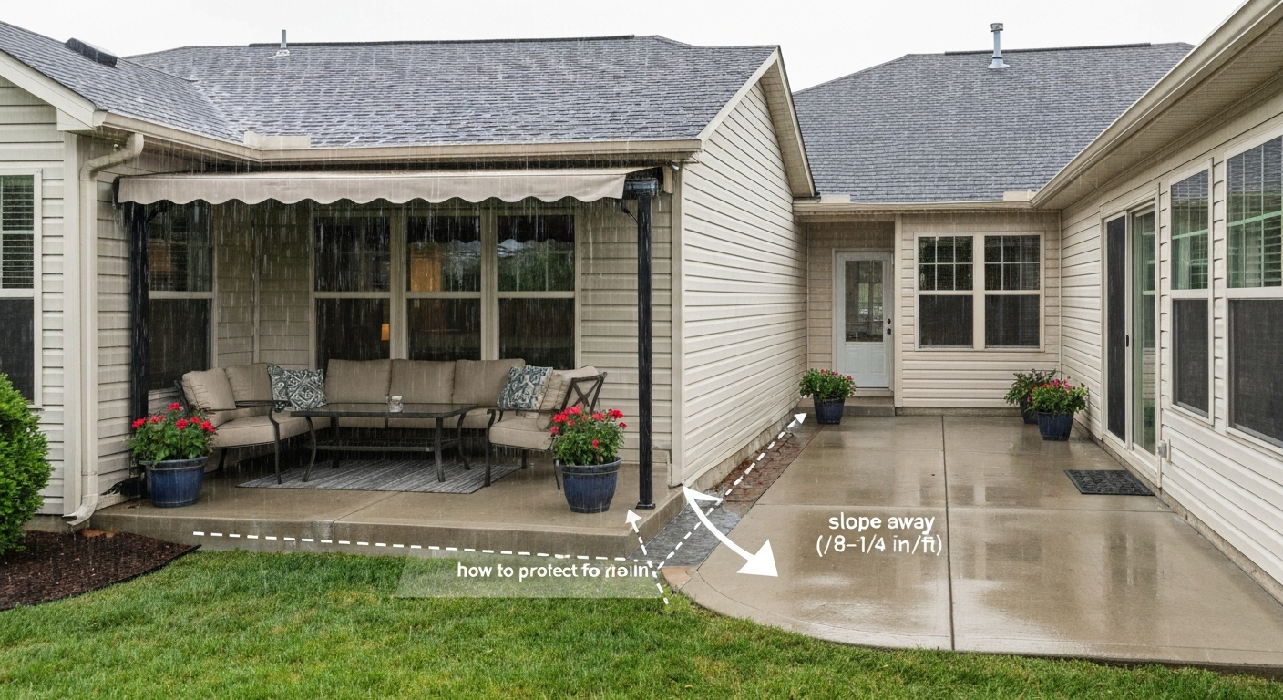 how to protect patio from rain: DIY fixes, covers & drainage