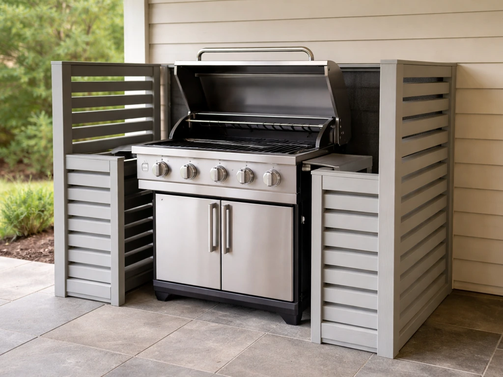 Patio grill partially enclosed by a heat-clear louvered cabinet, showing safe airflow and clearance.