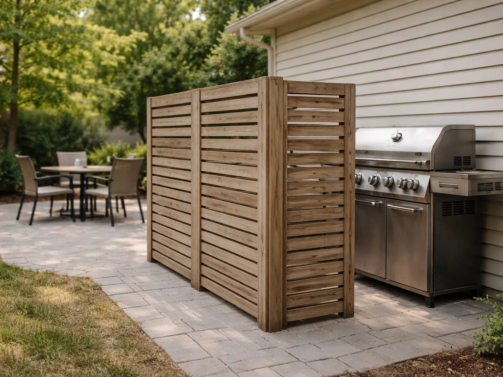 Patio grill partially screened by a simple slatted privacy panel and outdoor seating.