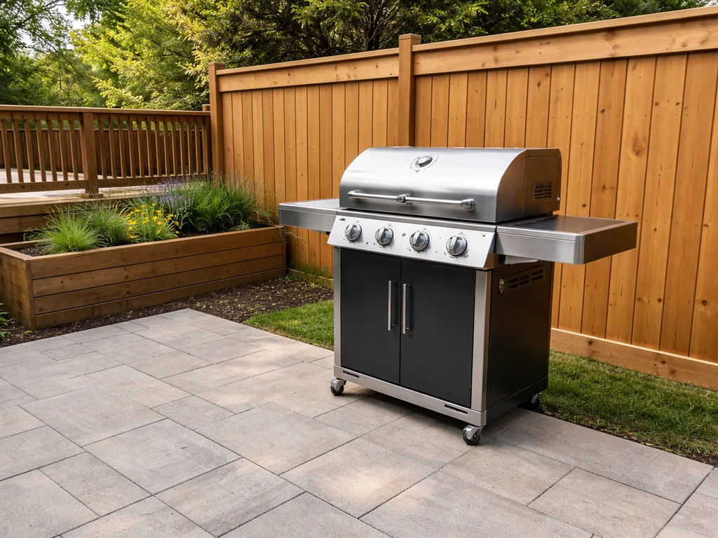 Backyard grill placed several feet from a wood fence and deck rail, showing safe horizontal clearance.