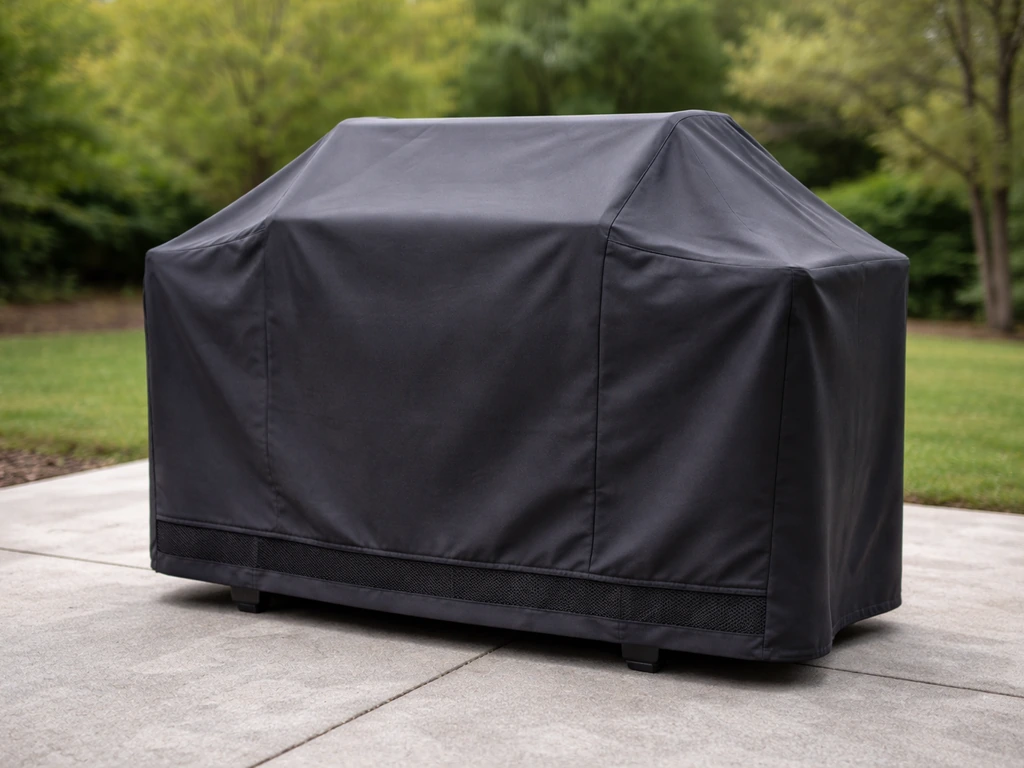 Weatherproof grill cover fitted snugly over an outdoor grill with vented hem, outdoors at dusk.