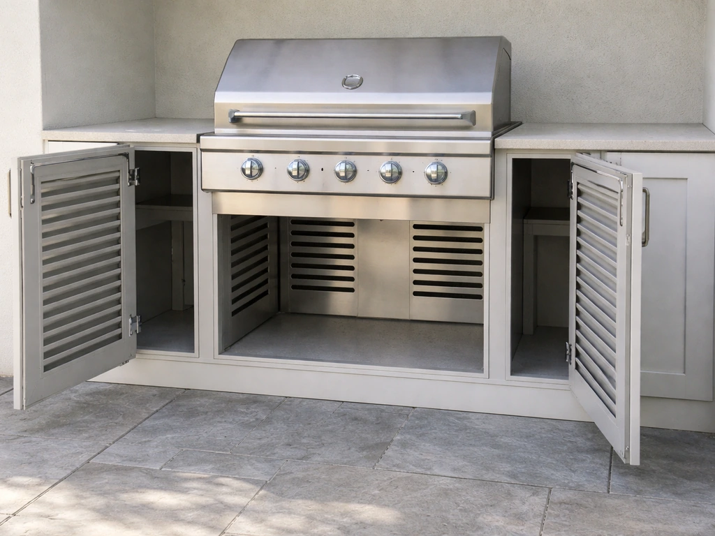 Open louvered grill cabinet surround with doors ajar, showing ventilation around a built-in grill