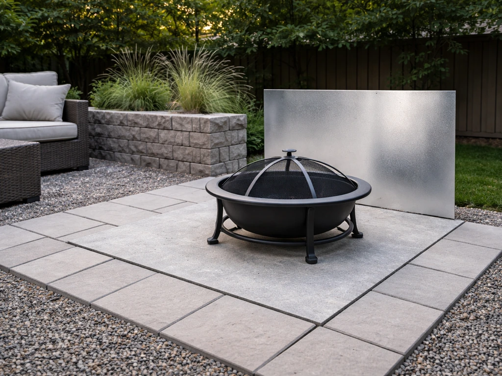 Backyard patio showing a fire pit on a non-combustible pad with clear safe clearance space around it.