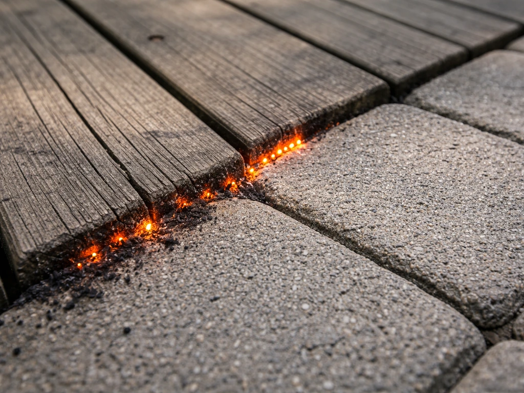 Close-up of wood decking beside concrete pavers with a small ember glow near the wood edge.