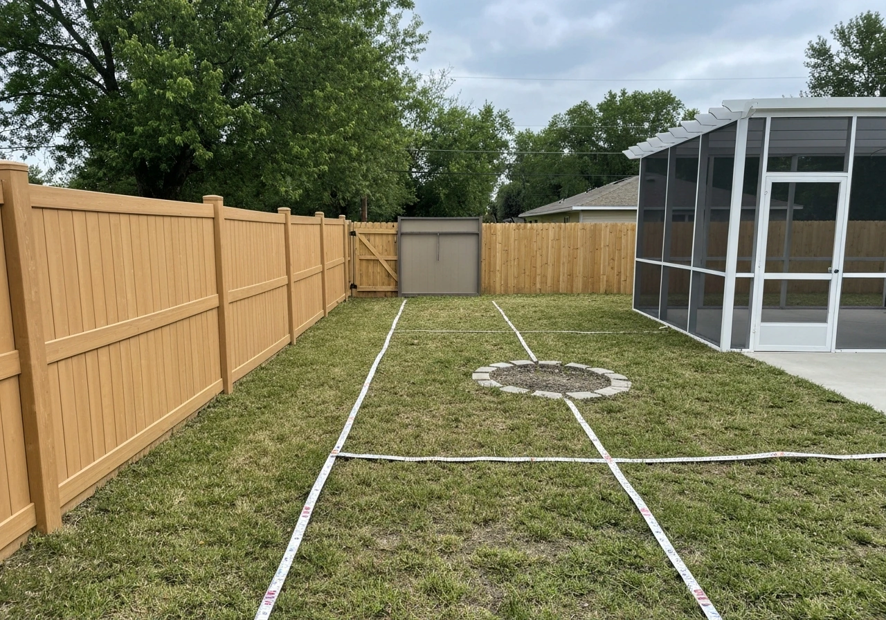 Backyard scene showing wood/vinyl fence, overhead pergola, and screen panel near a small fire pit spot.