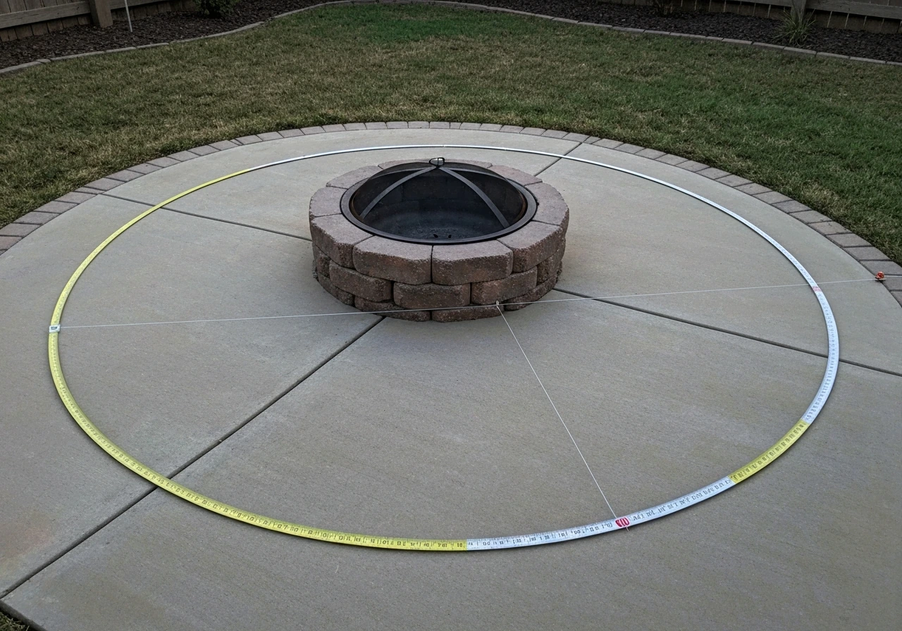 Unlit backyard fire pit with measuring tape and string marking a circular clearance radius on the patio.