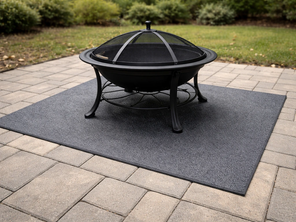 Heat-resistant fire pit mat laid on a patio surface under a backyard fire pit.