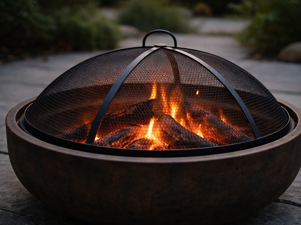 Wood fire pit bowl with a metal spark screen/mesh cover installed, embers contained, in a backyard at dusk.