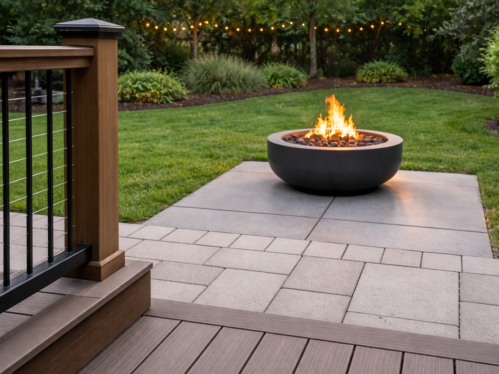 Backyard deck rails and pergola posts with a fire pit safely separated by a metal heat shield.