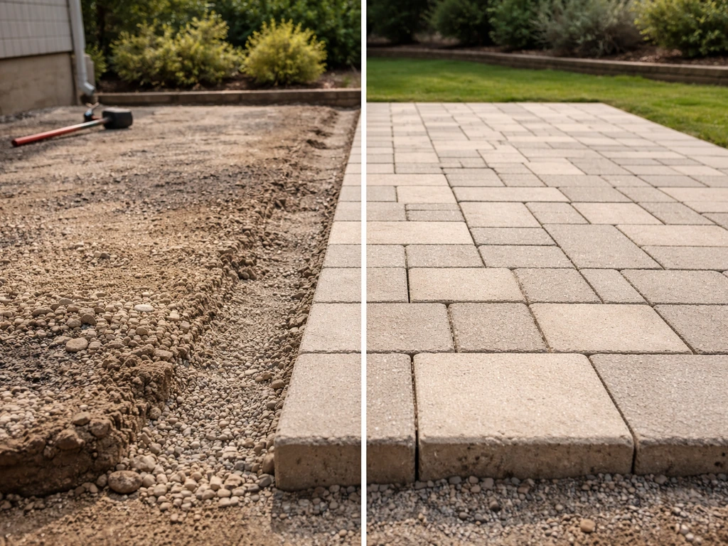 Newly extended patio section in pavers blending with existing concrete patio edge, clear before/after contrast