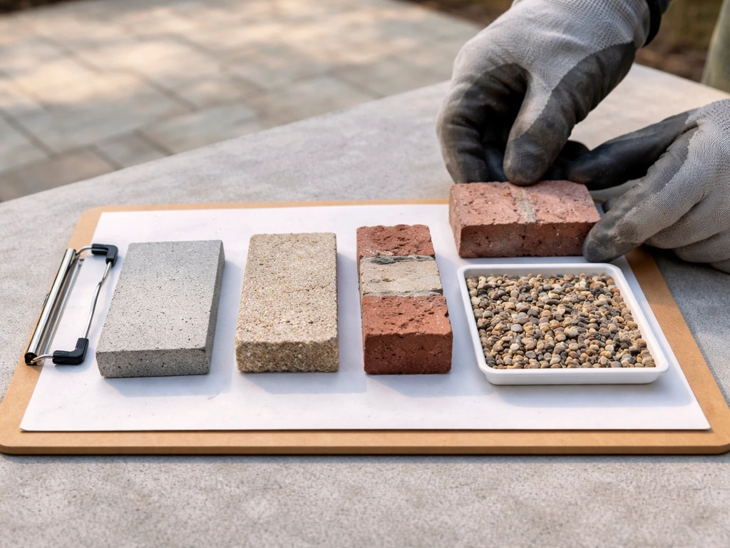 Close-up of gloved hands comparing concrete, paver, brick, and gravel material samples for patio extension planning.