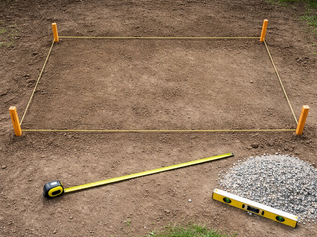 Top-down view of a patio extension perimeter marked with stakes and mason’s line, with measuring tools nearby.