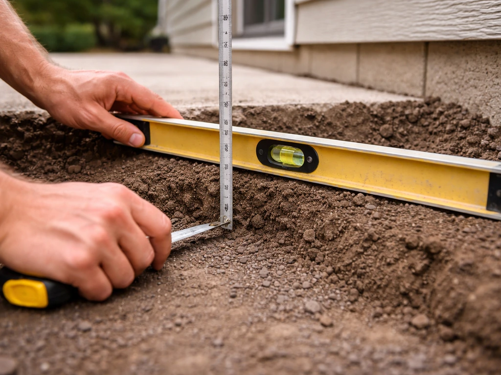 Hands using a tape measure and long level on patio base soil to confirm proper slope.