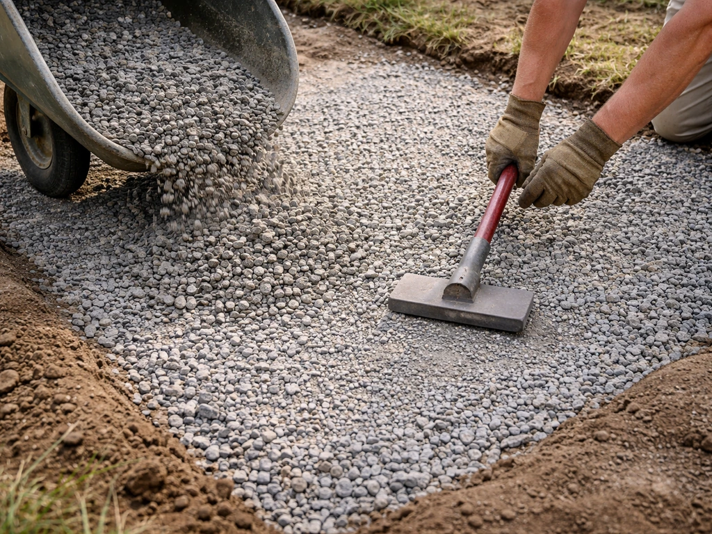 A wheelbarrow pours 3/4-inch crusher run onto a patio base, then a hand tamps it down.