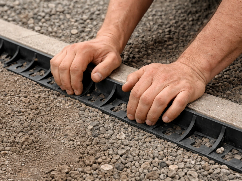 Hands pressing plastic paver edging along a gravel perimeter to prevent lateral spreading