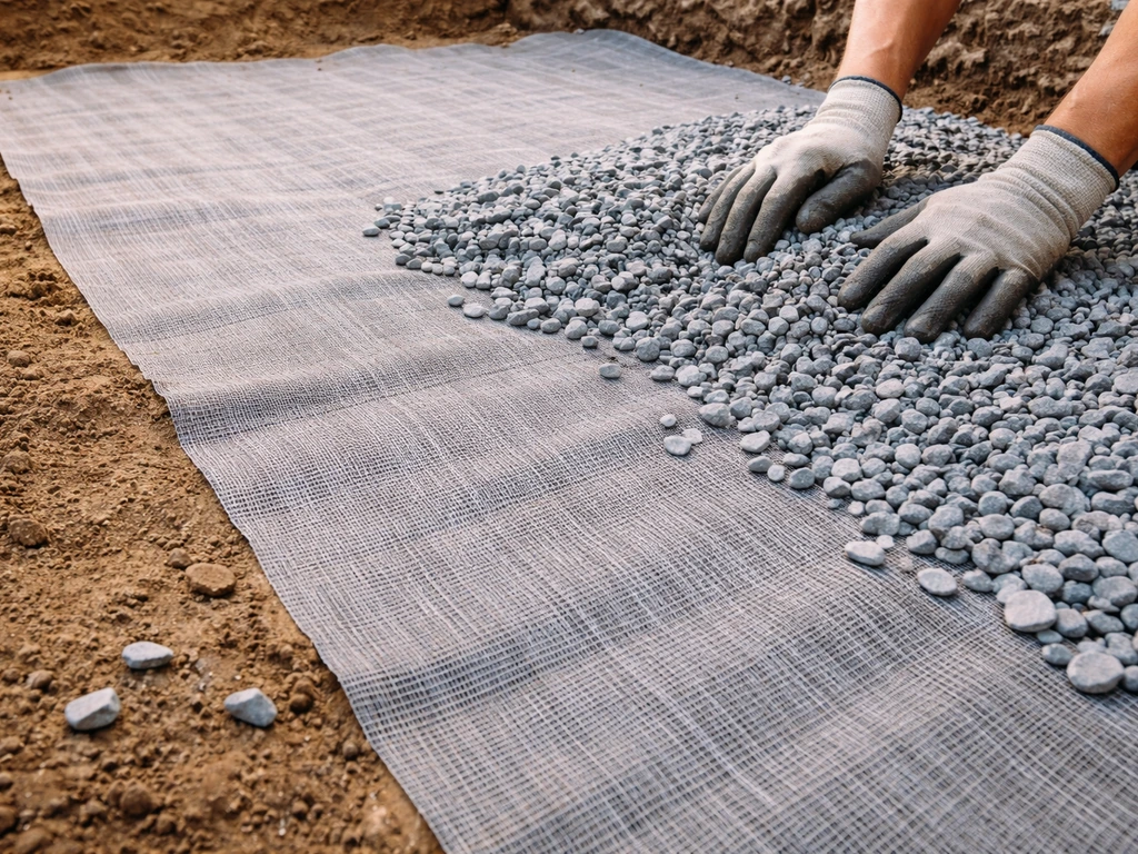 Close-up of woven geotextile fabric laid on compacted ground as decorative gravel is spread