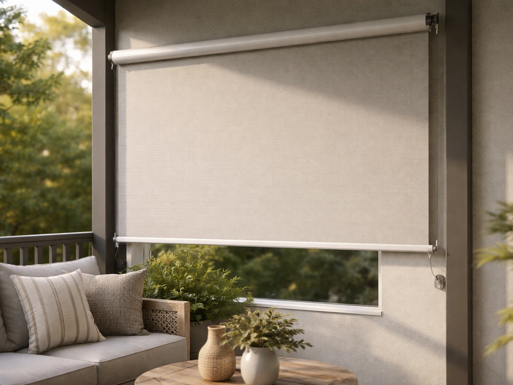 Patio roller blind anchored with visible guides and tension, held steady in strong wind.