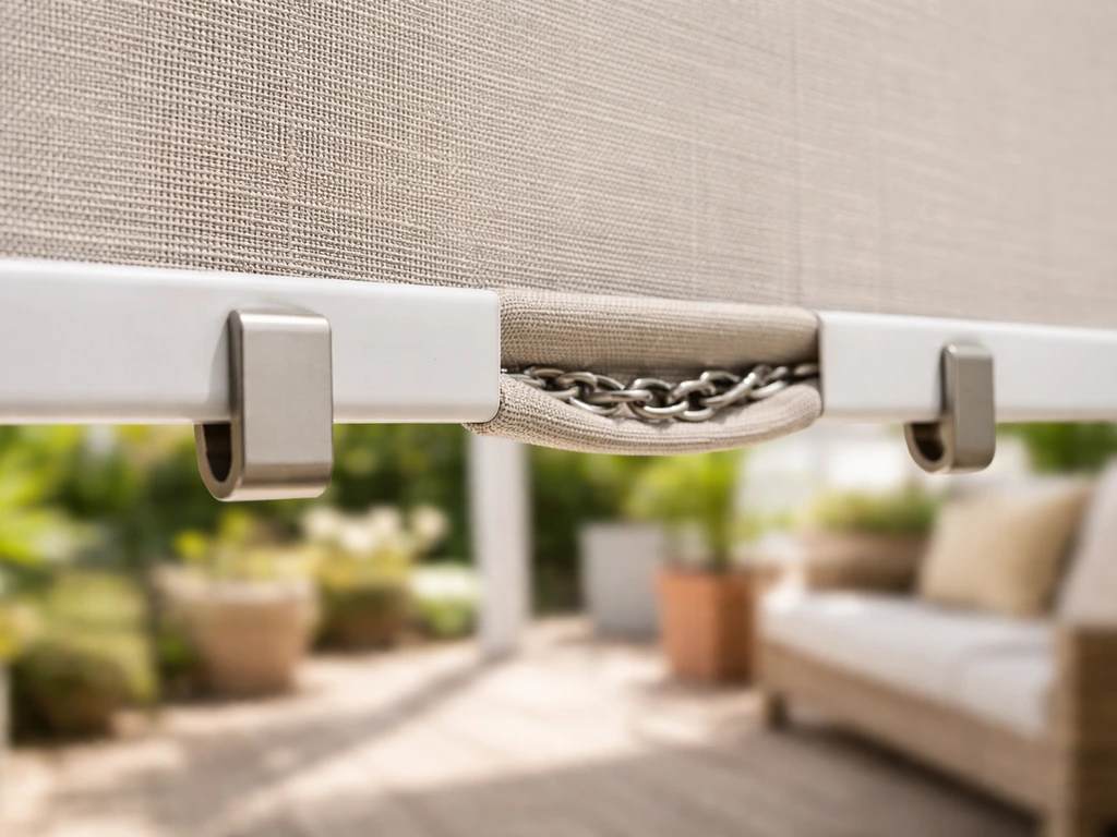Close-up of patio blind bottom rail with clip-on weights and chain in a hem pocket to stop flapping.