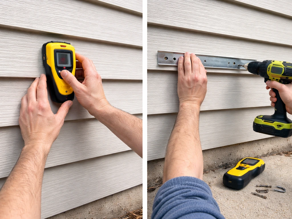 Hands using a stud finder and drill to install a mounting bracket into wall framing.