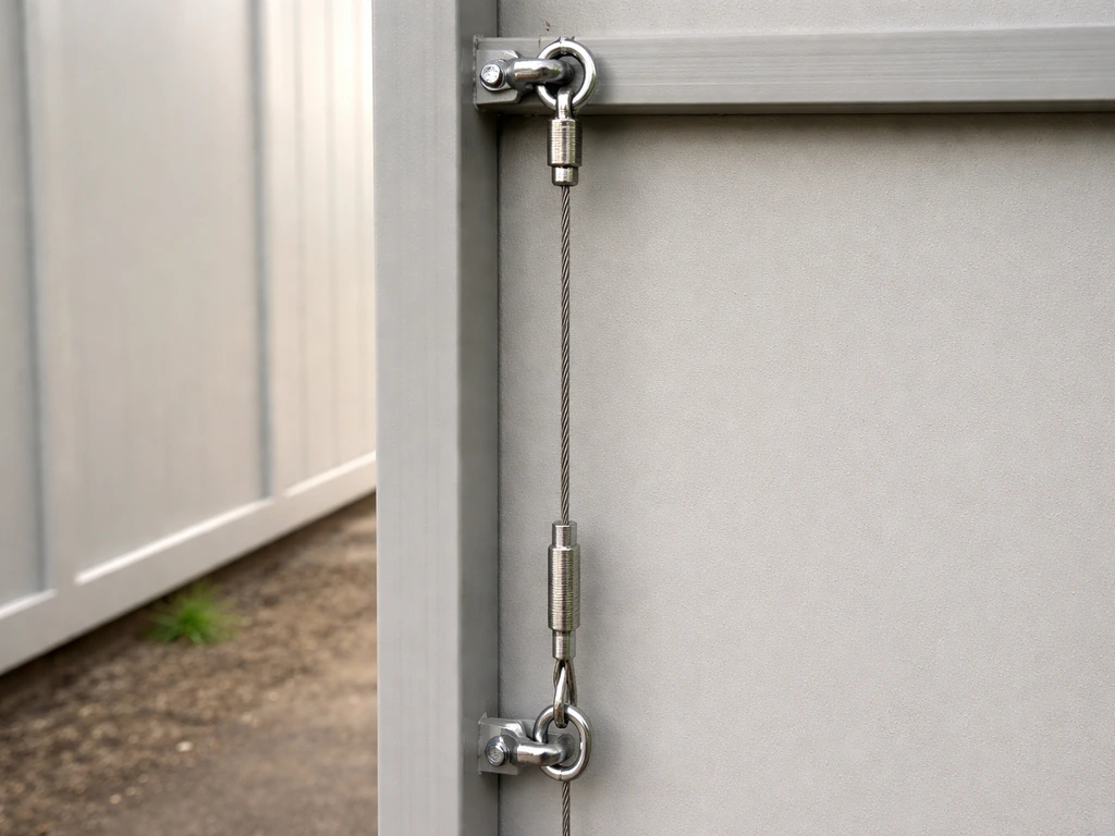 Stainless steel guide cable installed vertically between top and bottom anchors on a side frame.