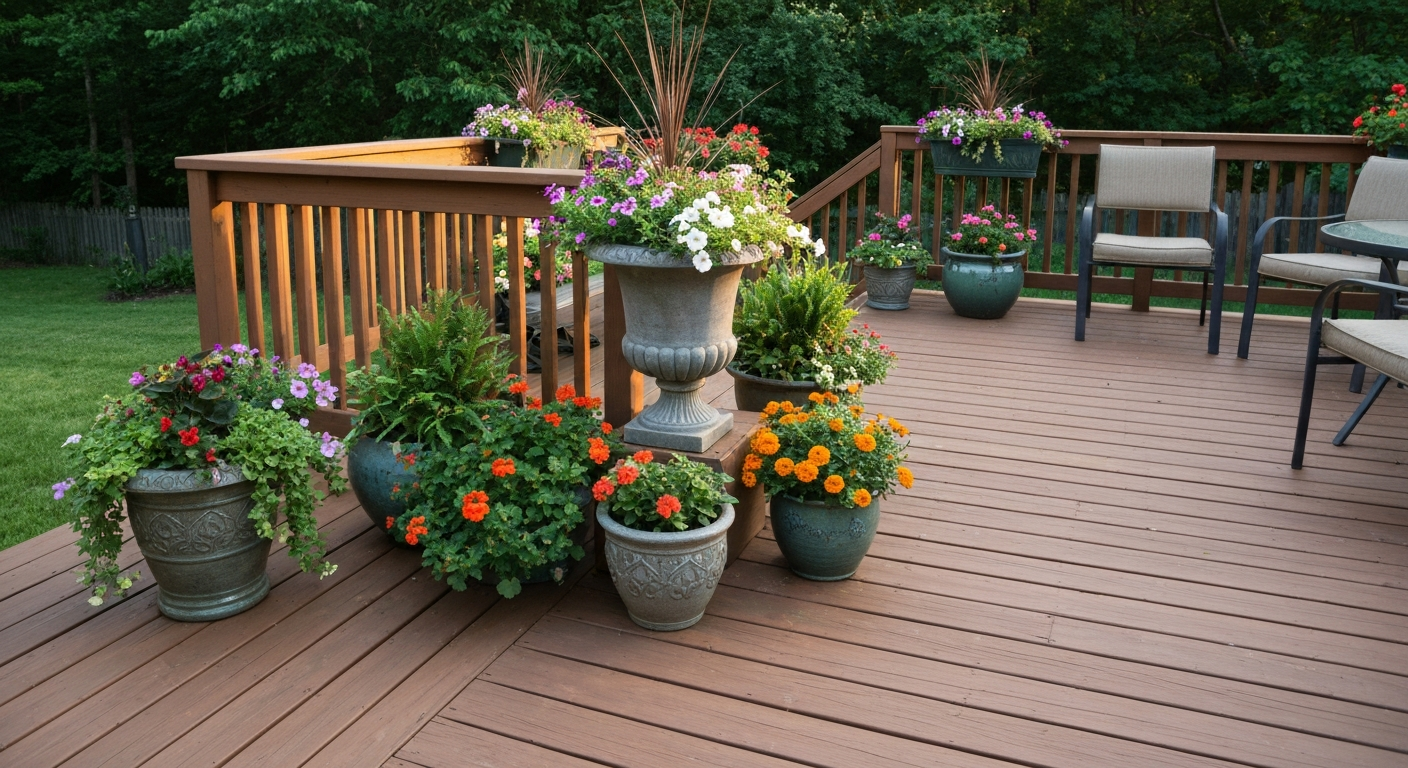 Lush, flower-filled wooden deck with mixed containers, railing planters and hanging baskets in warm late-afternoon light.